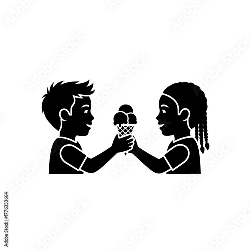 Black girl and white boy sharing ice cream for racial friendship and equality