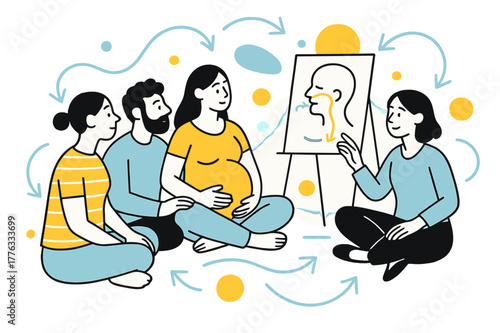 Birth Class Illustration. Birth Class Scene. Group sitting in a circle, teacher gesturing gently to a diagram of breathing flow. Soft curved arrows symbolize