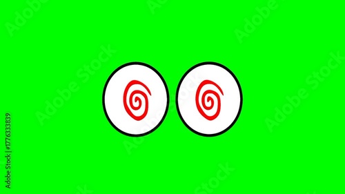 Cartoon eyes with rolling eyeballs marked dizzy with green screen background.