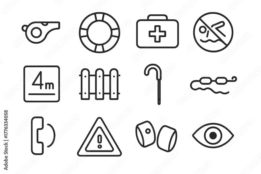Obraz premium Pool Safety Icons. Pool Safety. Line icon set of Pool Safety: lifeguard whistle, life ring, first aid kit, no diving sign, depth marker, pool fence, rescue