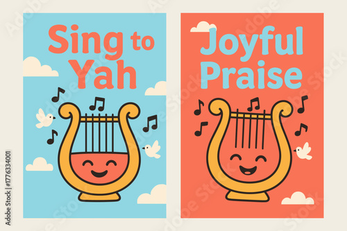Psalm of Joy. Psalm Joy. Two vertical A6 banners with safe margins, centered composition, no elements touching edges, cartoon, sky blue and coral, smiling lyre