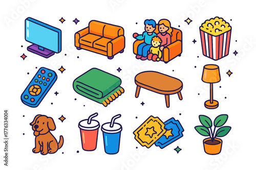 Cozy Home Theater Icons. Home cinema. Colorful isometric vector icons set of home cinema: TV, sofa, family members, popcorn, remote, blanket, coffee table,