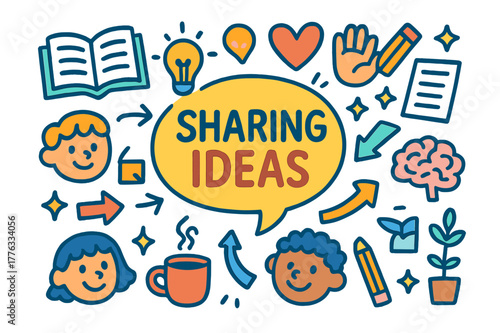 Colorful Idea Exchange. Sharing ideas. Colorful Hand-drawn doodle Children illustration Sharing ideas speech bubbles, books, light bulbs, hearts, hands, coffee