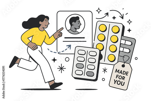 Dynamic Personalized Medicine. Personalized medicine. Pill packs rearrange themselves to match a patient?s profile card; tag reads ?Made for You.? Data becomes