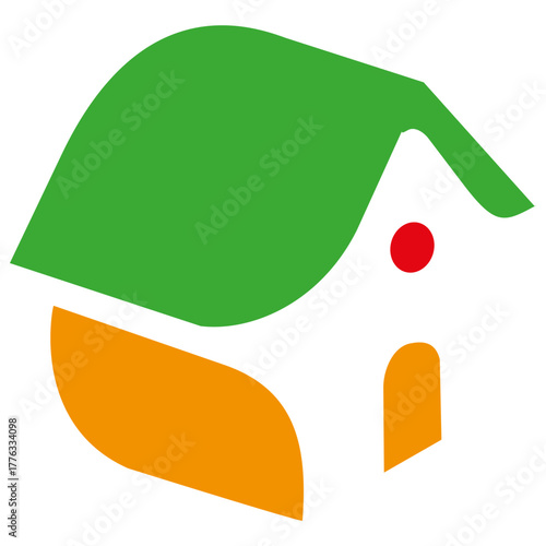 House shape icon. Green roof symbol. Red dot detail. Vector home figure