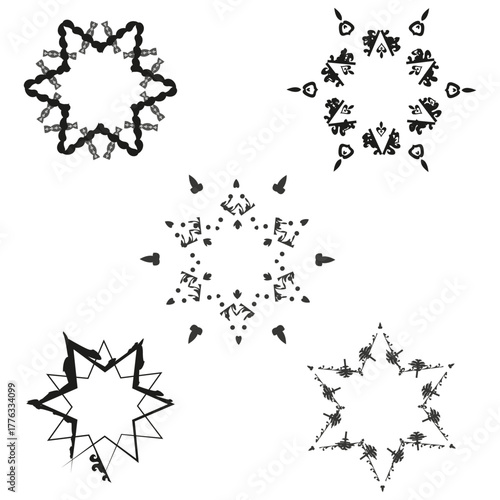 Starburst frame icon. Radiant floral symbol. Black outline detail. Vector star emblem