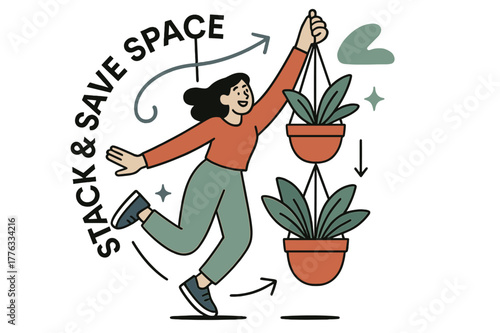 Stylish Plant Hanger. Double-tier hanger for two plants. A second cradle drops elegantly beneath the first; arrows show weight balance. ?Stack & save space?