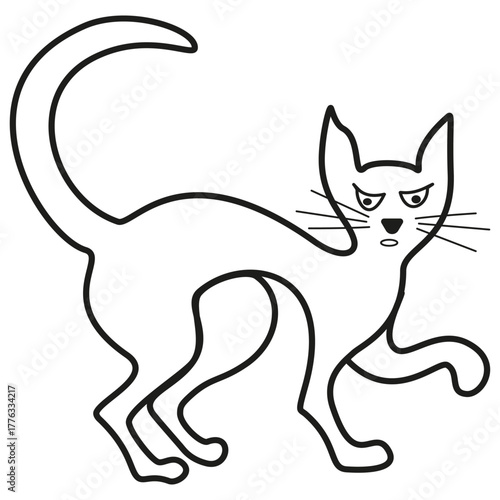 Angry cat illustration. Cartoon feline symbol. Black line animal. Vector outline drawing