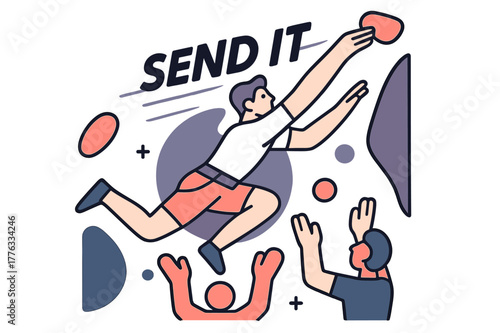 Dynamic Climbing Moment. Dyno to the Jug. Knees load, hands launch, the climber flies between holds; ?SEND IT? arcs with motion streaks. Spotters below glow as