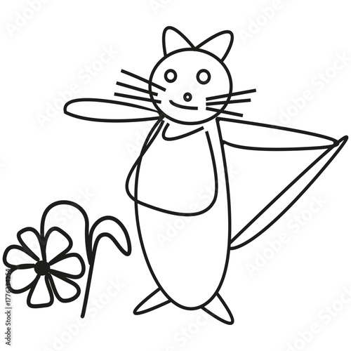 Cat archer icon. Cartoon vector figure. Black outline shape. White background illustration