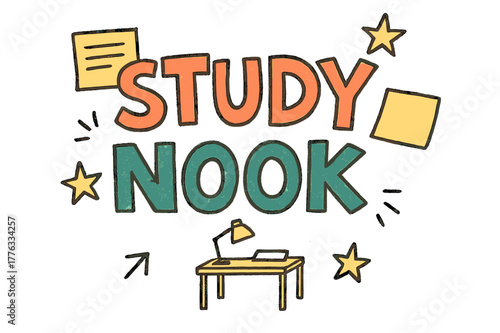Playful Study Nook. Study Nook ? Doodle / Sketch; playful hand-drawn letters with rough outlines and little arrows; casual offset stacking; colored lettering