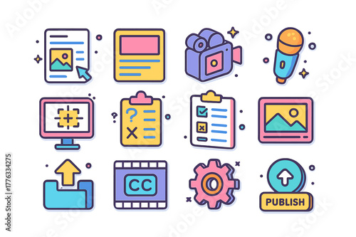 Course Creation Icons. Course creation. Colorful isometric vector icons set of course creation: content editor, slide deck, video recorder, microphone, screen