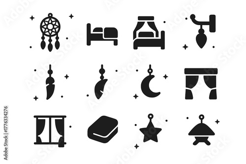 Dream Catcher Icons. a dream catcher hanging above the bed. Solid icons set of a dream catcher hanging above the bed: dream catcher, bed frame, headboard,