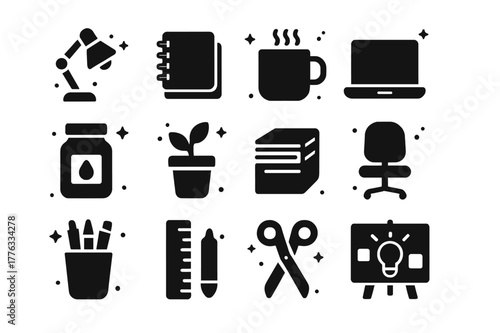 Creative Workspace Icons. Creative Workspace. Solid icons set of Creative Workspace: desk lamp, sketchbook stack, coffee mug, laptop, paint jar, potted plant,