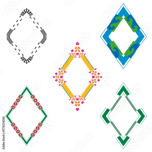 Diamond ornament icon. Colorful vector frame. Floral accent shape. White background display