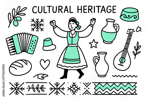 Cultural Heritage Icons. // Cultural heritage. Hand-drawn doodle illustration Cultural heritage [folk dancer (accented), accordion (accented), traditional hat