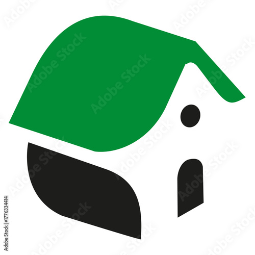 House symbol icon. Green roof vector. Black body shape. White background figure