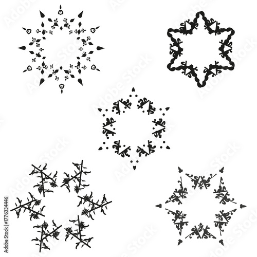 Circular star icon. Black vector pattern. Floral burst shape. White background display