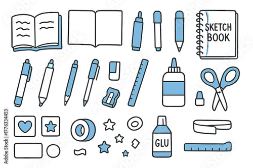 Colorful Sketchbook Essentials. Sketchbook. Hand-drawn doodle illustration Sketchbook Pages, colored Pages, Covers, colored Covers, Binding, colored Binding,