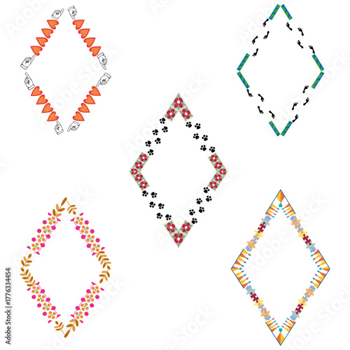 Diamond ornament icon. Vibrant vector frame. Multicolor border set. White background layout