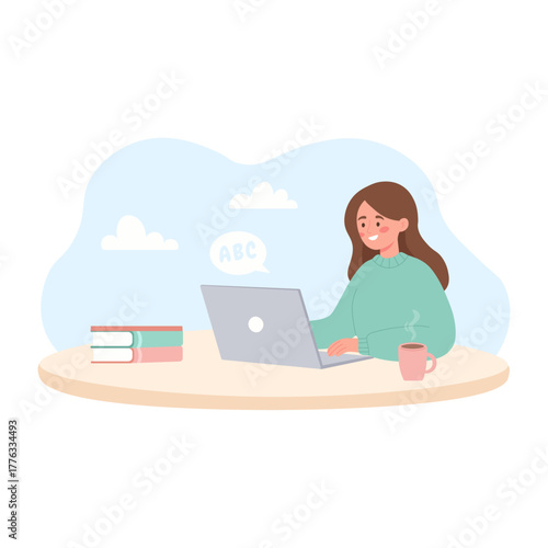 Online learning girl with laptop. Remote study at home. Student working on computer.