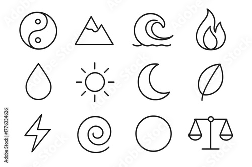 Nature Balance Icons. Nature equilibrium. Line icon set of nature equilibrium: yin-yang symbol, mountain, ocean wave, fire, water, sun, moon, leaf, lightning