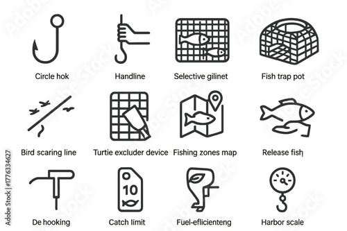 Responsible Fishing Icons. Responsible Fishing. Line icon set of Responsible Fishing: circle hook, handline, selective gillnet, fish trap pot, bird scaring