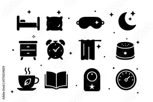 Sleep Hygiene Icons. Sleep hygiene. Solid icons set of Sleep hygiene: bed, pillow, sleep mask, moon, nightstand, alarm clock, blackout curtain, white noise