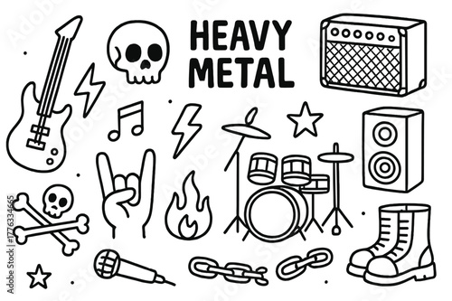 Heavy Metal Elements. Heavy metal music. Hand-drawn doodle illustration heavy metal music electric guitar, skull, lightning bolt, amplifier, speaker, drum set,