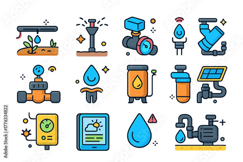 Smart Irrigation Icons Set. Smart irrigation systems. Colorful isometric vector icons set of smart irrigation systems: drip line, sprinkler head, smart valve,