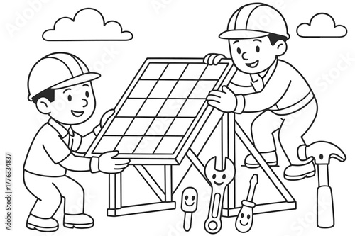Solar Panel Coloring Fun. Installing solar panels safely children?s coloring book illustration, outlined drawing, two workers wearing helmets securing a panel