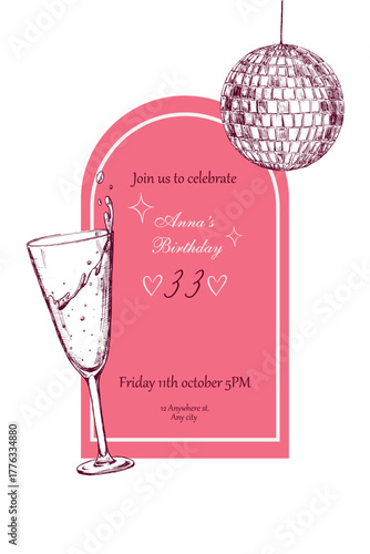 A stylish birthday invitation template in vertical vector format with a text box, a rounded border, and hand-drawn illustrations. The text is not editable and is provided for reference only.