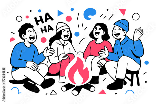 Campfire Laughter. Laughing in a Group. People gathered around a campfire laughing with floating abstract geometric shapes and soft glowing accents, cozy and