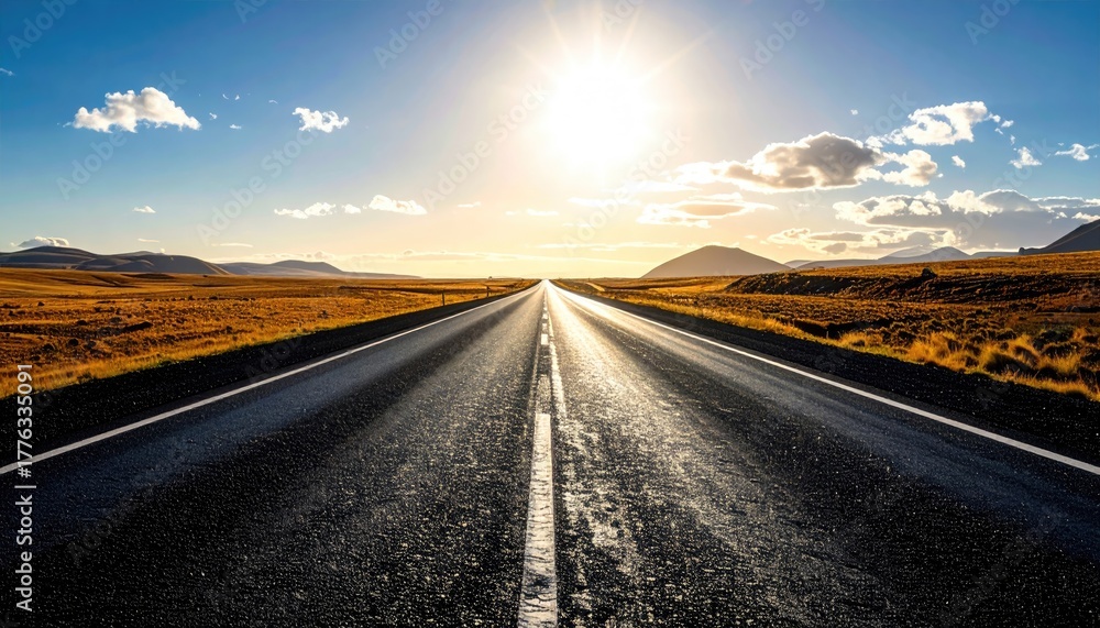 Fototapeta premium Open Asphalt Road Stretching Towards Bright Sunlight Horizon with Dry Grass Fields and Distant Mountains Under Blue Sky with Clouds