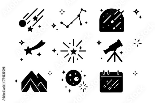 Meteor Shower Icons. Meteor showers. Solid icons set of Meteor showers: streaking meteors, constellation, night sky, shooting star, radiant point, telescope,
