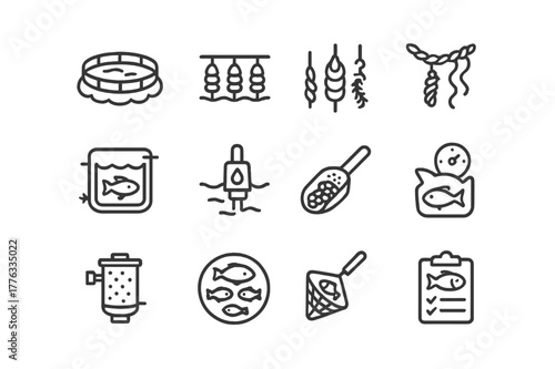 Sustainable Aquaculture Icons. Sustainable Aquaculture. Line icon set of Sustainable Aquaculture: fish farm pen, oyster rack, mussel longline, seaweed rope,