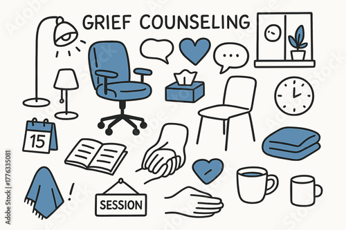 Grief Counseling Doodle. // Grief counseling. Hand-drawn doodle illustration Grief counseling [therapist chair (accented), client chair, tissue box (accented),