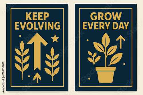 Inspiring Growth Banners. Keep evolving. Two vertical A6 banners with safe margins, centered composition, no elements touching edges, bold, navy and gold,