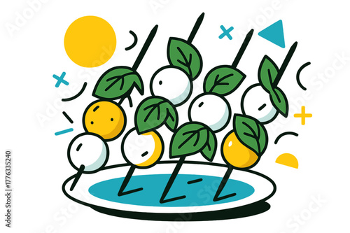 Colorful Caprese Skewers. Caprese Skewers. Colorful skewers with basil leaves and mozzarella balls on a platter with floating abstract geometric shapes, fresh