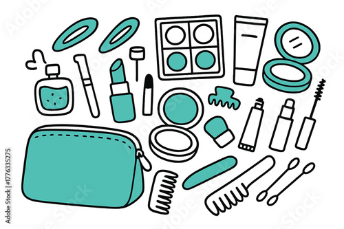 Cosmetic Essentials Flat Lay. Makeup bag flat lay. Hand-drawn doodle illustration makeup bag flat lay cosmetic pouch (accented), lipstick (accented), eyeshadow