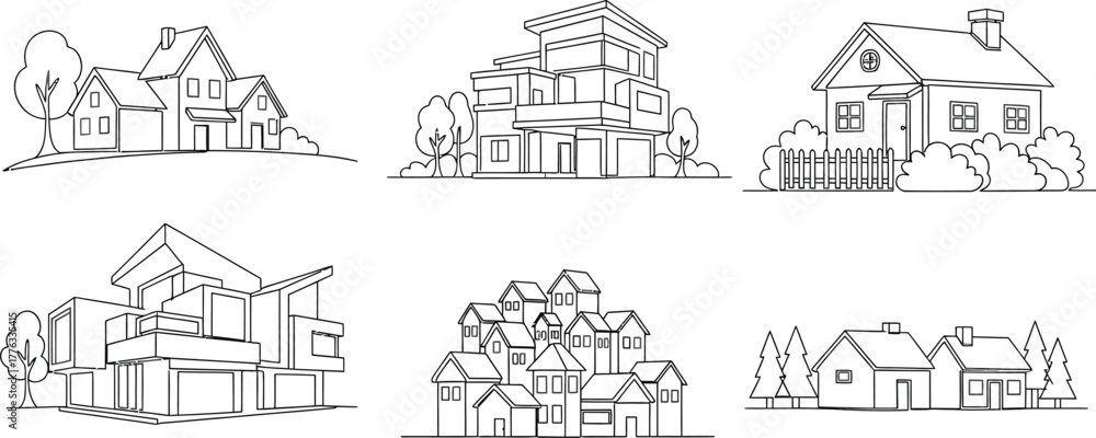 Obraz premium A collection of six line art houses in different architectural styles