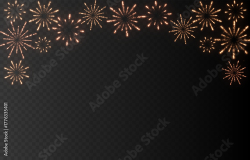 Festive multicolored fireworks PNG. Exploding various fireworks on a transparent background. Festive background.