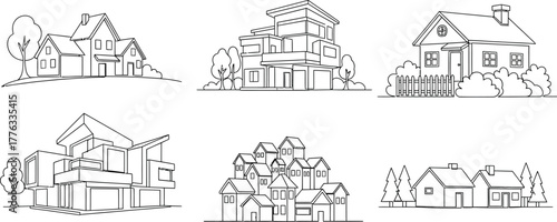 A collection of six line art houses in different architectural styles