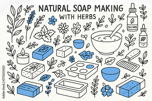 Herbal Soap Doodle. Hand-drawn doodle illustration. Natural soap making with herbs. Hand-drawn doodle illustration Natural soap making with herbs, herbs,