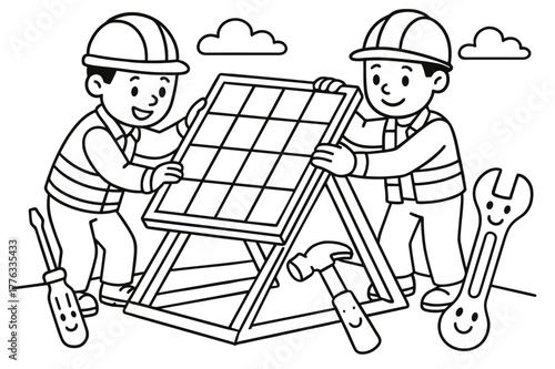 Solar Panel Coloring Fun. Installing solar panels safely children?s coloring book illustration, outlined drawing, two workers wearing helmets securing a panel