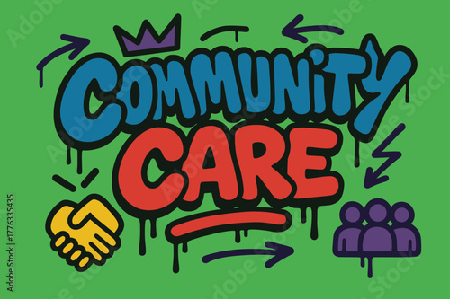 Vibrant Community Graffiti. Community Care ? Graffiti Simplified; lettering: thick bubble/block, tilted; effects: dripping outlines, flat spray