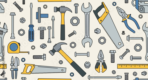 Hand tools pattern with a variety of essential instruments suitable for repair work and diy