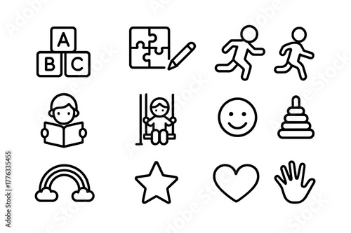 Child Development Icons. Child development. Line icon set of child development: blocks, puzzle, drawing, running, reading, swing, smile, toy, rainbow, star,