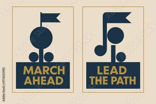 Bauhaus Road Forward. Bauhaus March. Two vertical A6 banners with safe margins, centered composition, no elements touching edges, bauhaus, navy and gold, bold