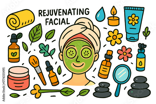 Colorful Spa Essentials. rejuvenating facial. Colorful Hand-drawn doodle Children illustration rejuvenating facial face mask, cucumber slices, headband, towel,